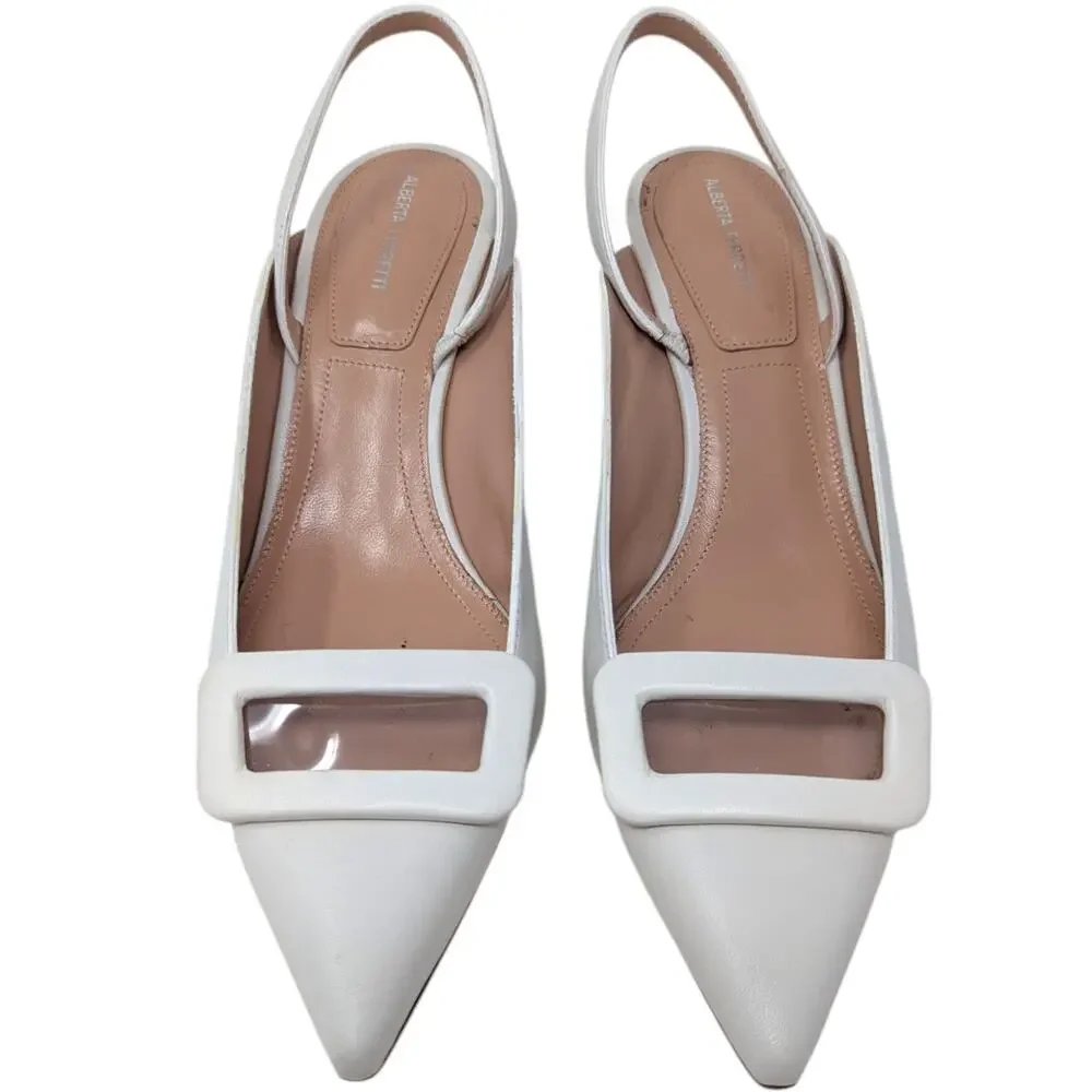 Alberta Ferretti White Leather Slingback Heels Buckle Size 38
